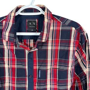 Armani Exchange Button Down Shirt Slim Fit Mens L Red Navy Blue Plaid